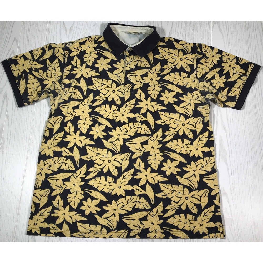 Vintage LL Bean Floral Hawaiian Polo Shirt Men XL Yellow Pique Knit 100% Cotton